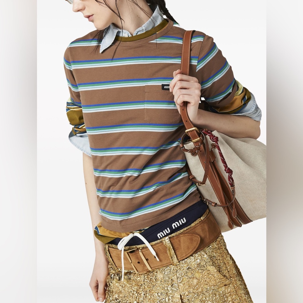 Miu Miu logo-patch striped T-shirt